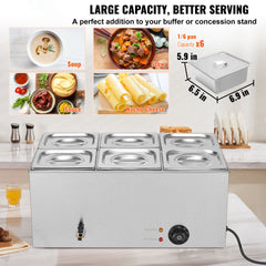 Commercial Food Warmer, 6-Pan Electric Steam Table, 1200W Professional Countertop Stainless Steel Buffet Bain Marie with 30-85°C Temp Control for Catering, Buffet, Parties, Restaurants