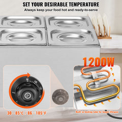 Commercial Food Warmer, 6-Pan Electric Steam Table, 1200W Professional Countertop Stainless Steel Buffet Bain Marie with 30-85°C Temp Control for Catering, Buffet, Parties, Restaurants