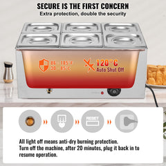 Commercial Food Warmer, 6-Pan Electric Steam Table, 1200W Professional Countertop Stainless Steel Buffet Bain Marie with 30-85°C Temp Control for Catering, Buffet, Parties, Restaurants