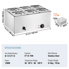 Commercial Food Warmer, 6-Pan Electric Steam Table, 1200W Professional Countertop Stainless Steel Buffet Bain Marie with 30-85°C Temp Control for Catering, Buffet, Parties, Restaurants
