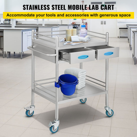 Lab Serving Cart, 2 Layers Stainless Steel Utility Rolling Cart, Medical Cart with Two Drawers, Dental Utility Cart with Lockable Wheels and A Bucket, for Laboratory, Hospital, Dental Use