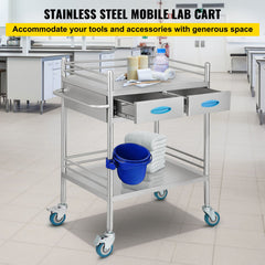 Lab Serving Cart, 2 Layers Stainless Steel Utility Rolling Cart, Medical Cart with Two Drawers, Dental Utility Cart with Lockable Wheels and A Bucket, for Laboratory, Hospital, Dental Use