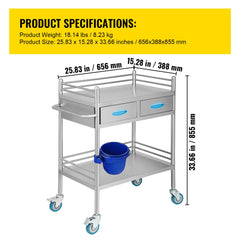 Lab Serving Cart, 2 Layers Stainless Steel Utility Rolling Cart, Medical Cart with Two Drawers, Dental Utility Cart with Lockable Wheels and A Bucket, for Laboratory, Hospital, Dental Use