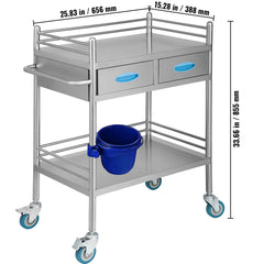 Lab Serving Cart, 2 Layers Stainless Steel Utility Rolling Cart, Medical Cart with Two Drawers, Dental Utility Cart with Lockable Wheels and A Bucket, for Laboratory, Hospital, Dental Use