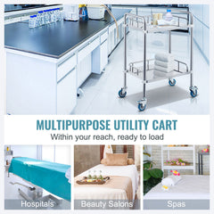 Lab Rolling Cart, 2-Shelf Stainless Steel Rolling Cart, Lab Serving Cart with Swivel Casters, Dental Utility Cart for Clinic, Lab, Hospital, Salon, 15.16"x21.57"x34.06"