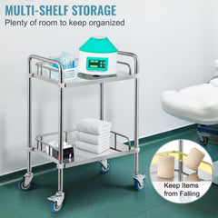 Lab Rolling Cart, 2-Shelf Stainless Steel Rolling Cart, Lab Serving Cart with Swivel Casters, Dental Utility Cart for Clinic, Lab, Hospital, Salon, 15.16"x21.57"x34.06"