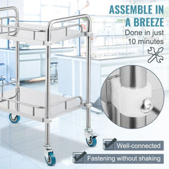 Lab Rolling Cart, 2-Shelf Stainless Steel Rolling Cart, Lab Serving Cart with Swivel Casters, Dental Utility Cart for Clinic, Lab, Hospital, Salon, 15.16"x21.57"x34.06"