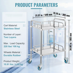 Lab Rolling Cart, 2-Shelf Stainless Steel Rolling Cart, Lab Serving Cart with Swivel Casters, Dental Utility Cart for Clinic, Lab, Hospital, Salon, 15.16"x21.57"x34.06"