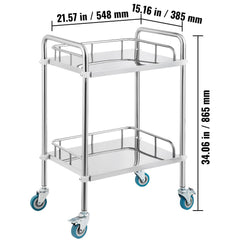 Lab Rolling Cart, 2-Shelf Stainless Steel Rolling Cart, Lab Serving Cart with Swivel Casters, Dental Utility Cart for Clinic, Lab, Hospital, Salon, 15.16"x21.57"x34.06"