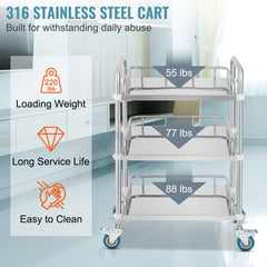 Lab Rolling Cart, 3-Shelf Stainless Steel Rolling Cart, Lab Serving Cart with Swivel Casters, Dental Utility Cart for Clinic, Lab, Hospital, Salon, 26.38"x15.55"x34.13"