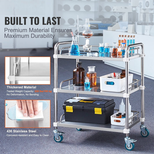 Lab Rolling Cart, 3-Shelf Stainless Steel Rolling Cart, Lab Serving Cart with Swivel Casters, Dental Utility Cart for Clinic, Lab, Hospital, Salon, 26.38"x15.55"x34.13"