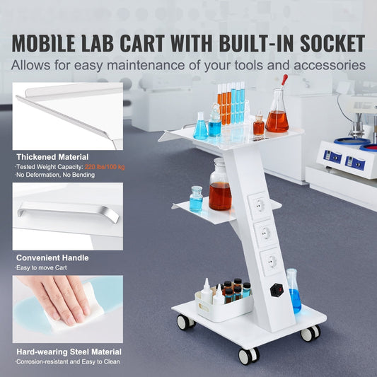 Trolley Cart Dental Lab Mobile Rolling Serving Cart 3 Layers with Socket