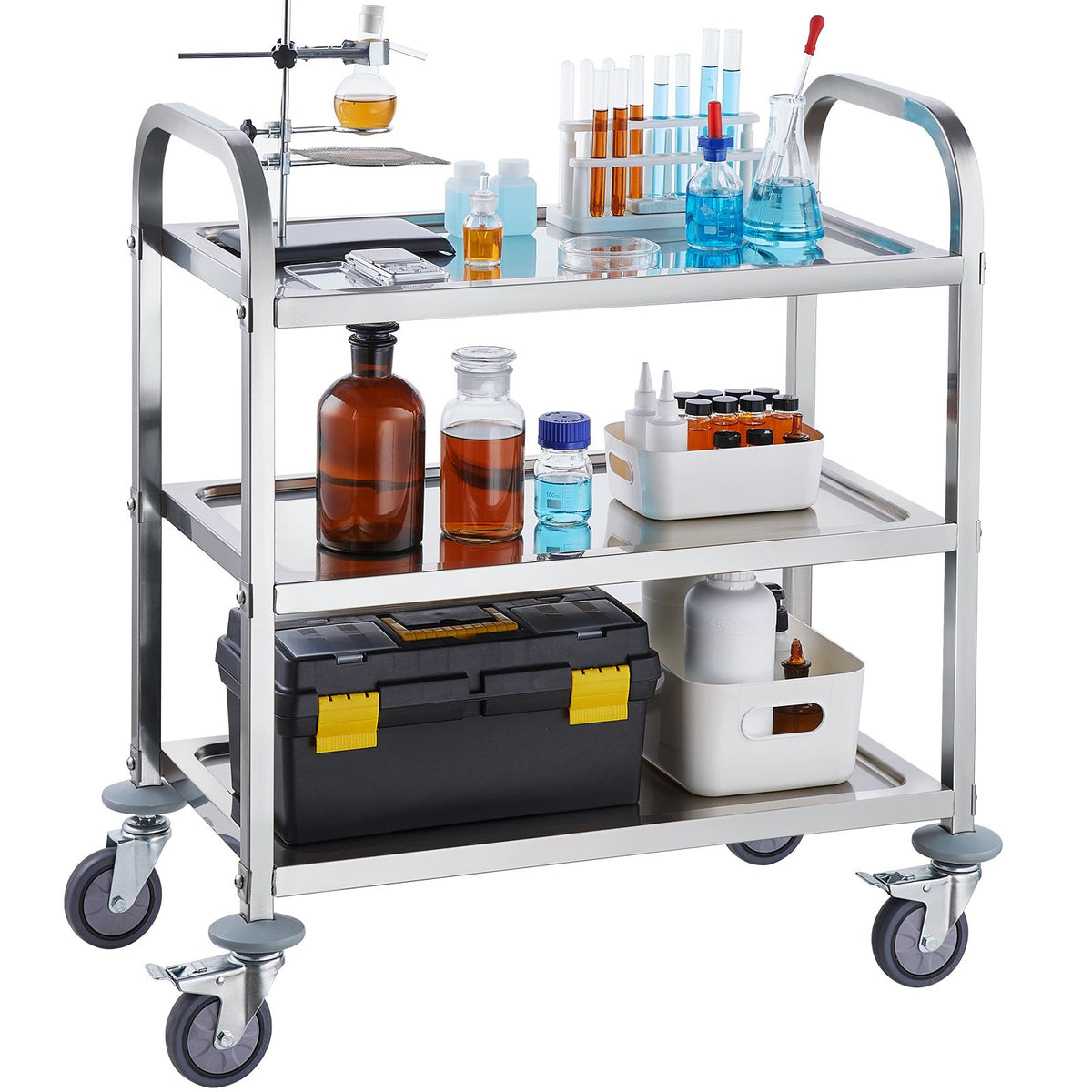  Stainless Steel Cart, 3 Layers Lab Utility Cart 181 kg Weight Capacity, Medical Cart with Lockable Universal Wheels, for Lab, Clinic, Kitchen, Salon