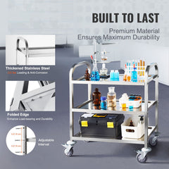  Stainless Steel Cart, 3 Layers Lab Utility Cart 181 kg Weight Capacity, Medical Cart with Lockable Universal Wheels, for Lab, Clinic, Kitchen, Salon
