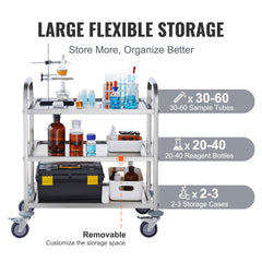  Stainless Steel Cart, 3 Layers Lab Utility Cart 181 kg Weight Capacity, Medical Cart with Lockable Universal Wheels, for Lab, Clinic, Kitchen, Salon