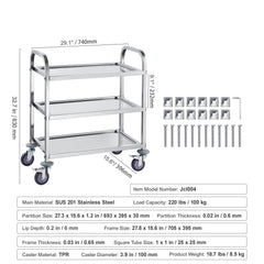  Stainless Steel Cart, 3 Layers Lab Utility Cart 181 kg Weight Capacity, Medical Cart with Lockable Universal Wheels, for Lab, Clinic, Kitchen, Salon