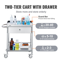 Medical Cart, 2 Layer stainless Steel Cart100 kg Weight Capacity Utility Cart Silent Wheels and a Drawer for Lab, Clinic, kitchen, Salon