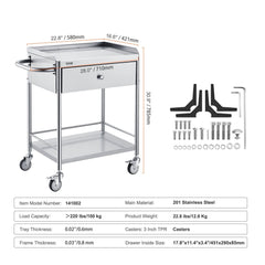 Medical Cart, 2 Layer stainless Steel Cart100 kg Weight Capacity Utility Cart Silent Wheels and a Drawer for Lab, Clinic, kitchen, Salon
