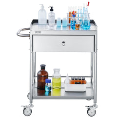 Medical Cart, 2 Layer stainless Steel Cart100 kg Weight Capacity Utility Cart Silent Wheels and a Drawer for Lab, Clinic, kitchen, Salon