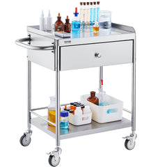 Medical Cart, 2 Layer stainless Steel Cart100 kg Weight Capacity Utility Cart Silent Wheels and a Drawer for Lab, Clinic, kitchen, Salon