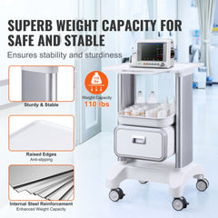 2 Tiers Lab Carts Mobile Medical Cart with 1 Drawer & 1 Top Tray White