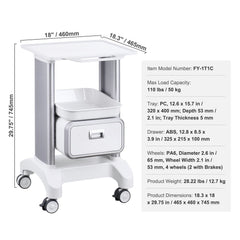 2 Tiers Lab Carts Mobile Medical Cart with 1 Drawer & 1 Top Tray White