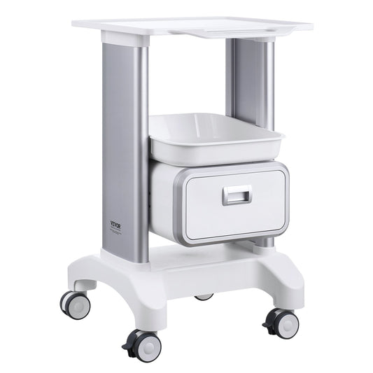 2 Tiers Lab Carts Mobile Medical Cart with 1 Drawer & 1 Top Tray White