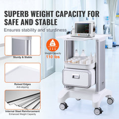 2 Tiers Lab Carts Mobile Medical Cart with 1 Drawer & 1 Top Tray White