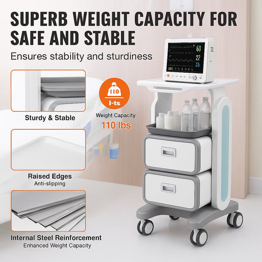 3 Tiers Lab Carts, Lab Utility Cart with 2 Drawers & 1 Top Tray, Mobile Medical Cart with ABS Material, Lab Rolling Cart with 4 Silent Wheels for Lab, Clinic, Hospital, Salon, White