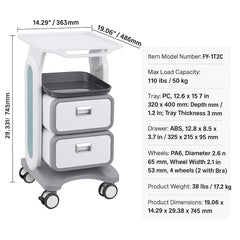 3 Tiers Lab Carts, Lab Utility Cart with 2 Drawers & 1 Top Tray, Mobile Medical Cart with ABS Material, Lab Rolling Cart with 4 Silent Wheels for Lab, Clinic, Hospital, Salon, White