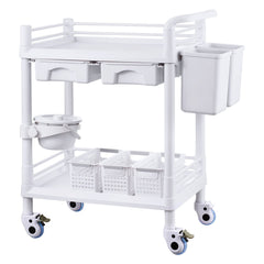 2 Tiers Lab Carts, Lab Utility Cart with 2 Trays, 2 Drawers & 4 Silent Wheels, Mobile Medical Cart with PP Material, Lab Rolling Cart with 3 Trash Cans for Lab, Clinic, Hospital, Salon, White