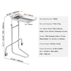 Stainless Steel Lab Cart with Single Tray & 2 Silent Wheels for Lab Clinic