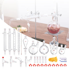 Lab Distillation Kit, 3.3 Boro Lab Glassware Distillation Kit with 24, 40 Joint, 1000ml Essential Oil Distillation Apparatus Kit, 32 pcs Set of Glassware Equipment
