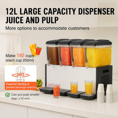 Commercial Beverage Dispenser, 4 Tanks 12 L Per Tank Juice Dispenser, 510W Stainless Steel Ice Tea Drink Machine with 7℃-12℃ Cooling Temperature, for Cold Drink Restaurant Bar Party