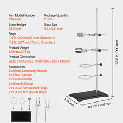 Lab Stand Support, Laboratory Retort Support Stand 2 Sets, Steel Lab Stand 23.6" Rod and 8.3" x 5.3" Cast Iron Base, Includes Flask Clamps, Burette Clamps and Cross Clamps