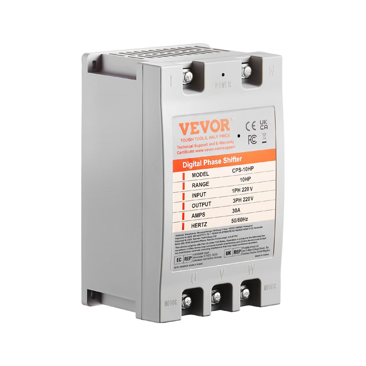 3 Phase Converter - 10HP 30A 220V Single Phase to 3 Phase Converter, Digital Phase Shifter for Residential and Light Commercial Use, 220V Input/Output (One Converter for One Motor Only)