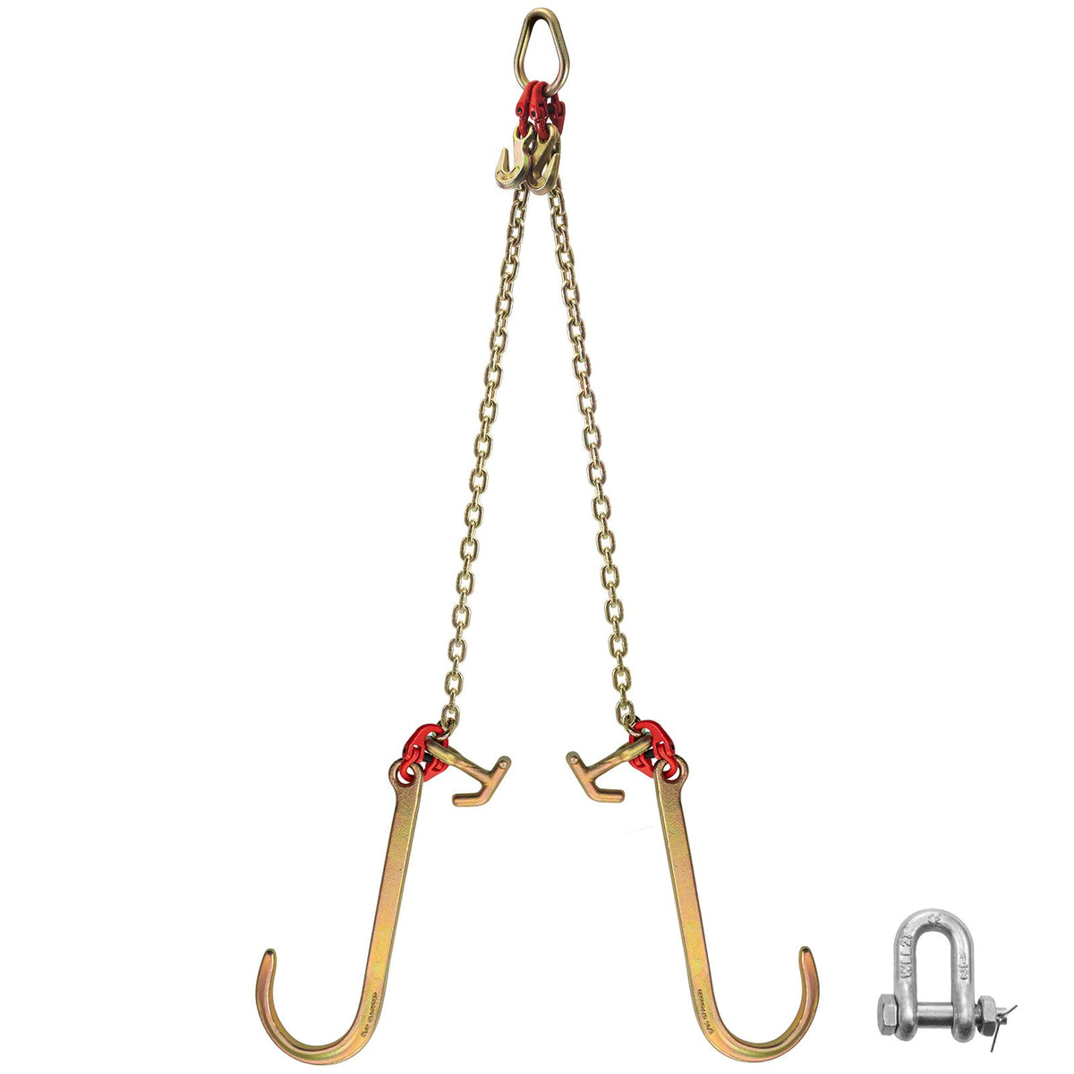 V Bridle Chain, 5/16 in x 2 ft Tow Chain Bridle, Grade 80 V-Bridle Transport Chain, 9260 Lbs Break Strength with TJ Hooks & Grab Hooks, Heavy Duty Pear Link Connector and Chain Shorteners