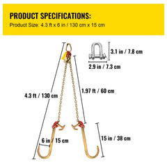 V Bridle Chain, 5/16 in x 2 ft Tow Chain Bridle, Grade 80 V-Bridle Transport Chain, 9260 Lbs Break Strength with TJ Hooks & Grab Hooks, Heavy Duty Pear Link Connector and Chain Shorteners