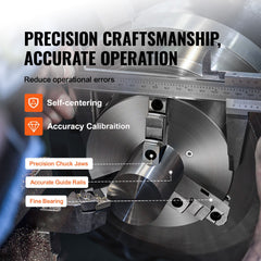3-Jaw Lathe Chuck, 200 mm, Self-Centering Lathe Chuck, 4-200 mm Clamping Range with T-key Fixing Screws Hexagon Wrench, for Lathe 3D Printer Machining Center Milling Drilling Machine