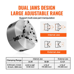 3-Jaw Lathe Chuck, 200 mm, Self-Centering Lathe Chuck, 4-200 mm Clamping Range with T-key Fixing Screws Hexagon Wrench, for Lathe 3D Printer Machining Center Milling Drilling Machine