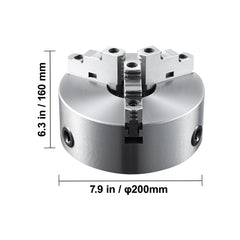 3-Jaw Lathe Chuck, 200 mm, Self-Centering Lathe Chuck, 4-200 mm Clamping Range with T-key Fixing Screws Hexagon Wrench, for Lathe 3D Printer Machining Center Milling Drilling Machine