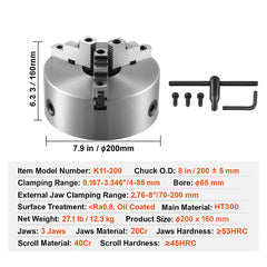 3-Jaw Lathe Chuck, 200 mm, Self-Centering Lathe Chuck, 4-200 mm Clamping Range with T-key Fixing Screws Hexagon Wrench, for Lathe 3D Printer Machining Center Milling Drilling Machine