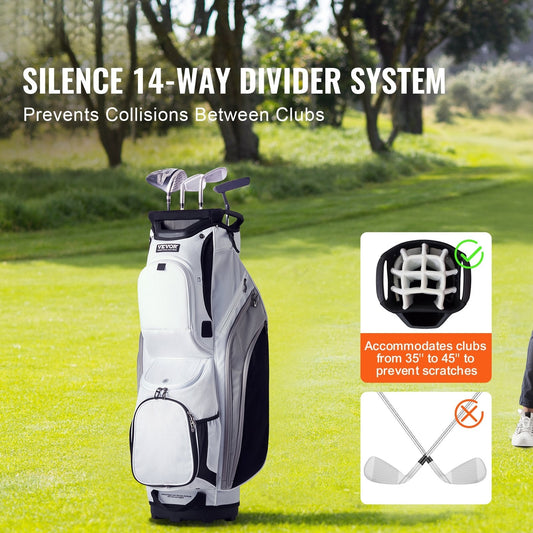 Golf Cart Bag with 14 Way Organizer Divider Top, 36” 13 Pockets Premium Nylon Cart Bag, Durable Golf Bags with Handles & Dust Cover & Detachable Straps for Men & Women, White Color-Block