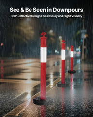 3 Pack Traffic Delineator Posts, 1140 mm Traffic Safety Cones with Fillable Base and Reflective Strips, Heavy Duty Delineator Posts for Construction Site, Parking Lot, Crowd Control, Red