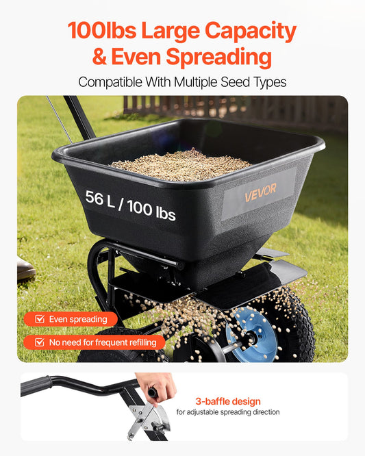 Lawn Spreader, 100LBS Capacity, Walk-Behind Push Spreader, 0-9.8ft Spreading Width, 13 in All Terrain Pneumatic Tires, Fertilizer Spreaders with Hopper Grate, for Seed Salt Ice Melt