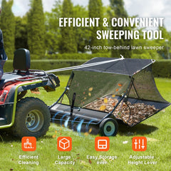 106.6 cm Lawn Sweeper Tow Behind, 12 cu.ft. Large Pull Behind Grass Sweeper, Heavy Duty Leaf & Grass Collector with Dumping Rope Design, Adjustable Sweeping Height for Picking Up Debris & Grass