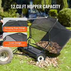 106.6 cm Lawn Sweeper Tow Behind, 12 cu.ft. Large Pull Behind Grass Sweeper, Heavy Duty Leaf & Grass Collector with Dumping Rope Design, Adjustable Sweeping Height for Picking Up Debris & Grass