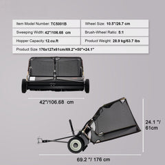 106.6 cm Lawn Sweeper Tow Behind, 12 cu.ft. Large Pull Behind Grass Sweeper, Heavy Duty Leaf & Grass Collector with Dumping Rope Design, Adjustable Sweeping Height for Picking Up Debris & Grass