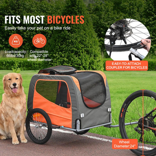 Dog Bike Trailer, Supports up to 30 kg, Pet Cart Bicycle Carrier, Easy Folding Frame with Quick Release Wheels, Universal Bicycle Coupler, Reflectors, Flag, Collapsible to Store, Orange/Gray