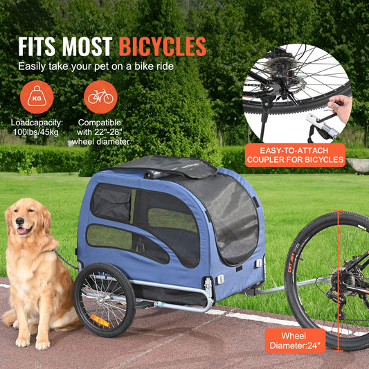 Dog Bike Trailer, Supports up to 45 kg, Pet Cart Bicycle Carrier, Easy Folding Frame with Quick Release Wheels, Universal Bicycle Coupler, Reflectors, Flag, Collapsible to Store, Blue/Black